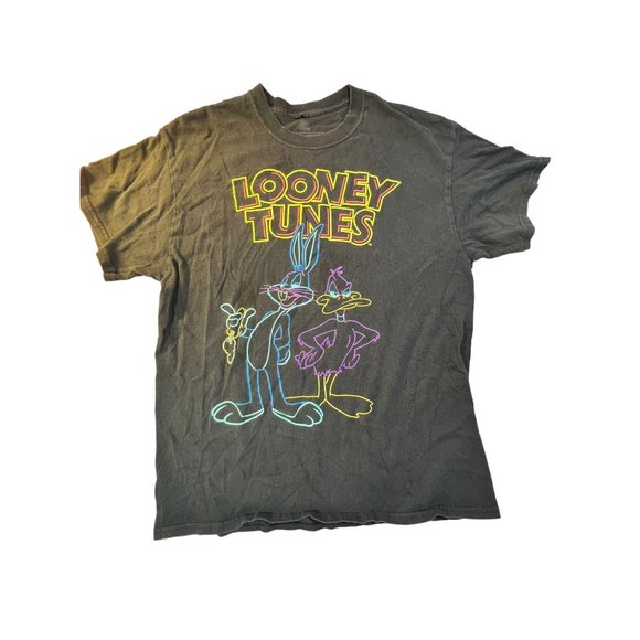 LOONEY TUNES Bugs & Daffy Black Neon Distressed T-Shirt - Picture 1 of 7
